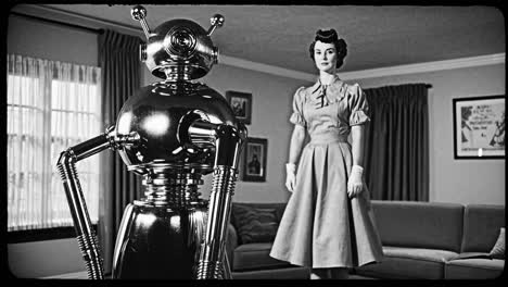 black and white vintage scene depicting a woman in a 1950s style dress standing next to a shiny metallic robot in a futuristic living room. showcasing a juxtaposition of retro and futuristic elements