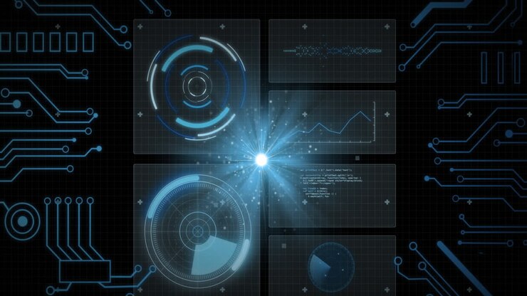 Animation of data processing with scope scanning and light spots on black background