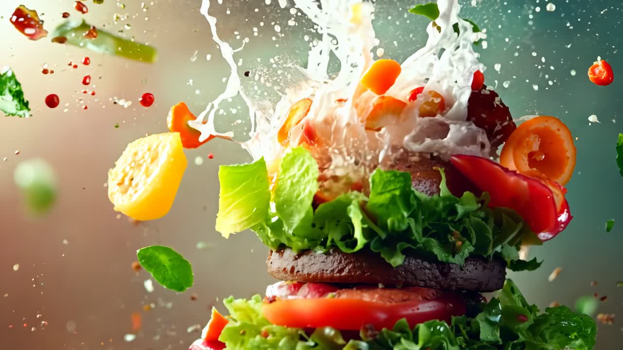 una hamburguesa con lechuga, tomate, queso y rebanadas de tomate cayendo de ella