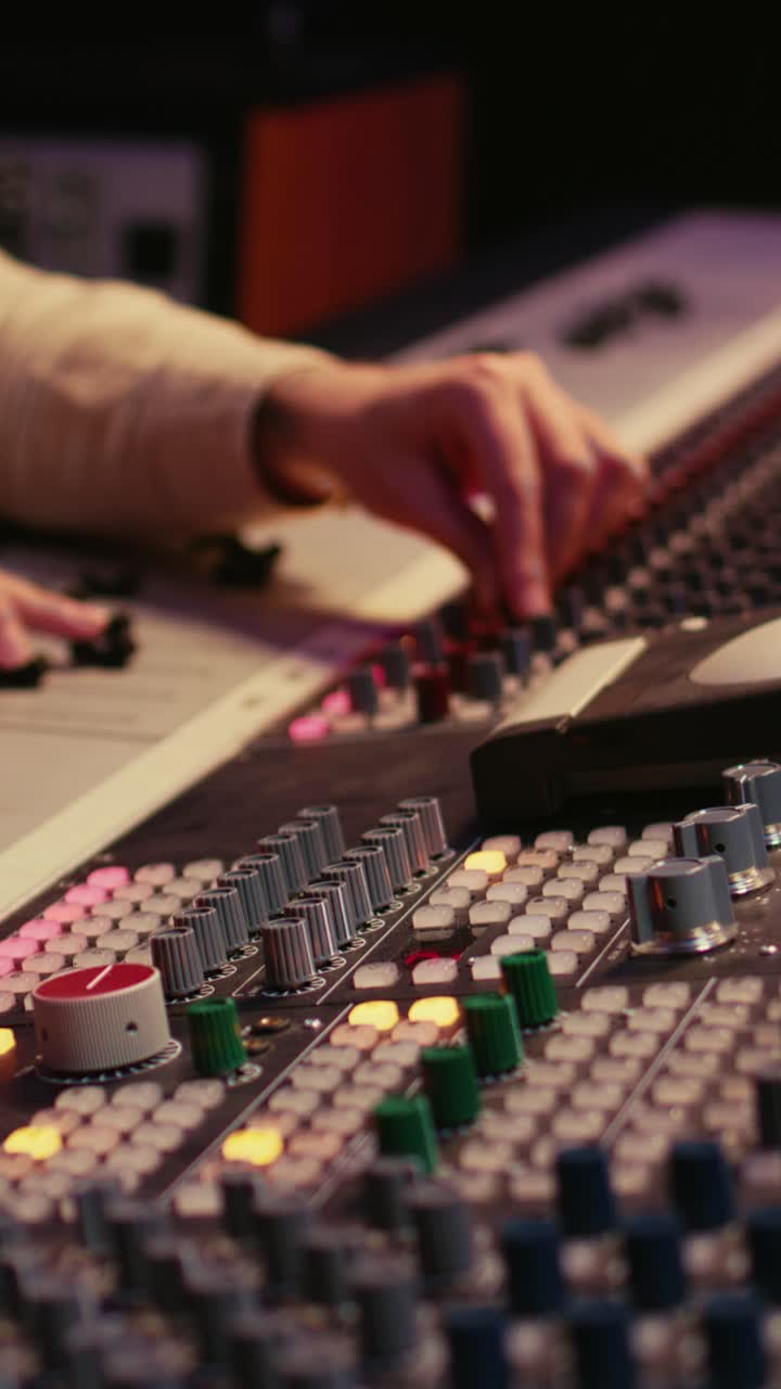 Close-up of Hands Operating a Sound Mixing Board in a Studio