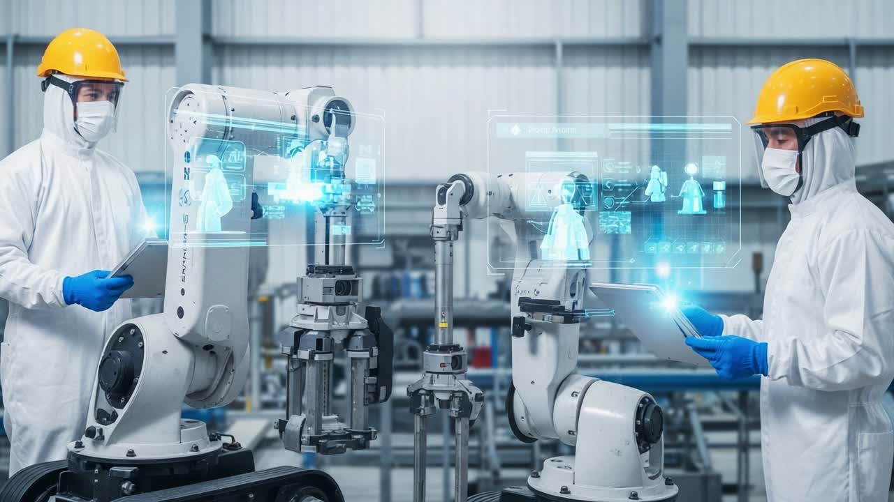 Innovative Automation in Motion: Engineers Collaborating with Advanced Robotics Technology in a Modern Manufacturing Environment, Showcasing Seamless Integration of Human Skill and Machine Efficiency