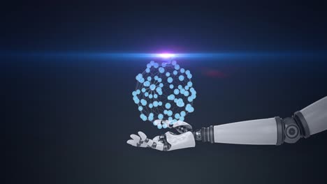 Animation-Eines-Wachsenden-Netzwerks-Von-Symbolen-über-Der-Hand-Eines-Roboterarms,-Mit-Blauem-Licht-Auf-Dunklem-Hintergrund