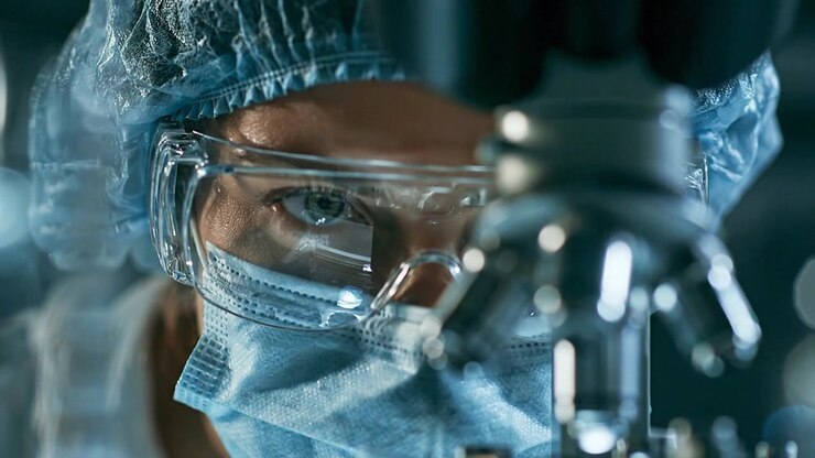 Ricercatore di laboratorio che indossa occhiali di sicurezza mentre usa un microscopio in un filmato scientifico dettagliato