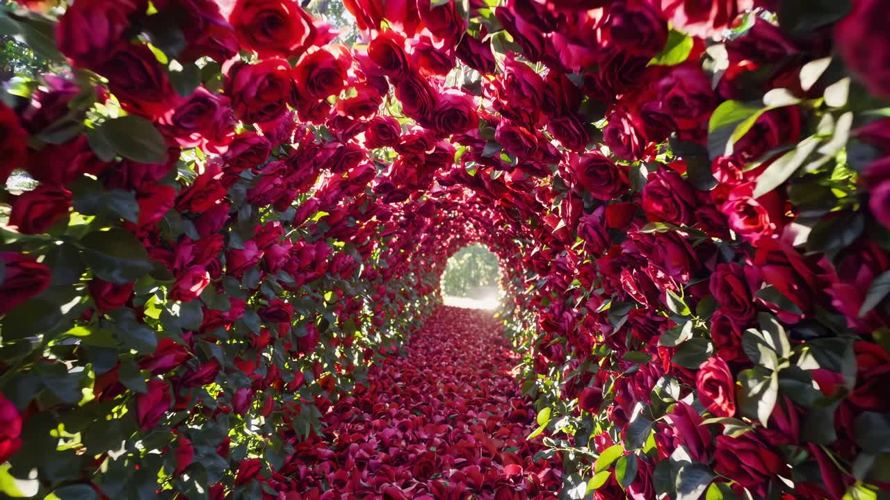 Vibrant floral tunnel filled with lush red roses and green foliage, leading to a bright light at the end, creating an enchanting and immersive atmosphere