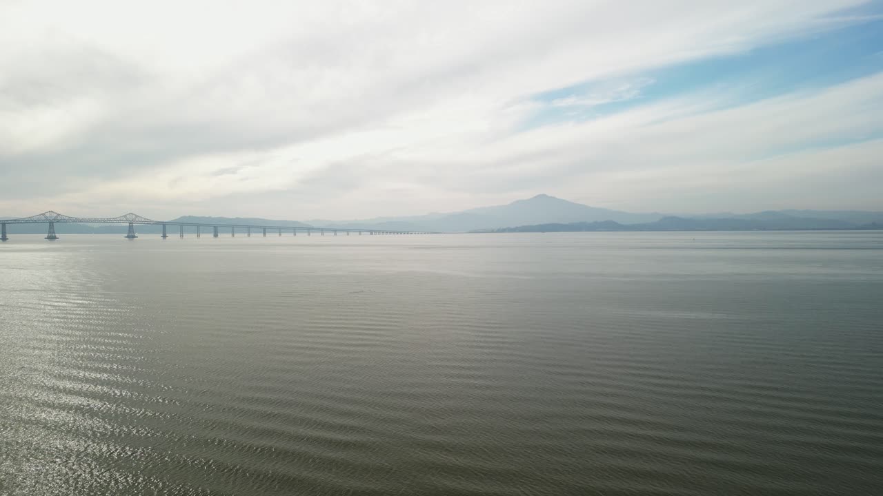 Aerial overview of ripples around Richmond Bridge from Point Molate Beach Richmond California USA