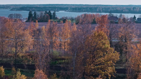 Aufnahme-Einer-Drohne,-Die-An-Einem-Wunderschönen-Herbsttag-über-Einer-Atemberaubenden-Grünen-Landschaft-Mit-Goldfarbenen-Bäumen-Fliegt