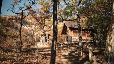 una iglesia de madera en un bosque otoñal serbio