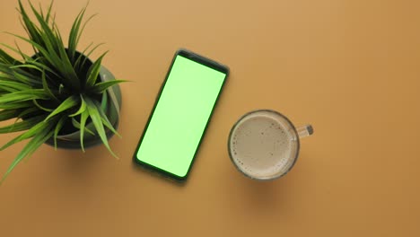 phone with green screen, cup of coffee and a plant on a yellow desk