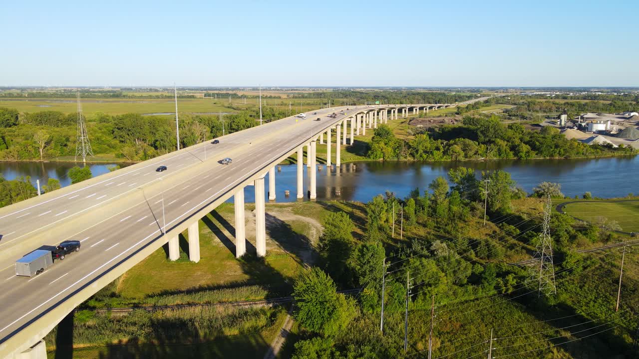Zilwaukee Bridge and green landscape of Michigan, aerial drone view