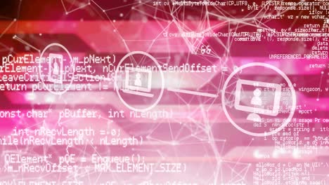Digital-icons-and-data-processing-against-network-of-connections-on-pink-background