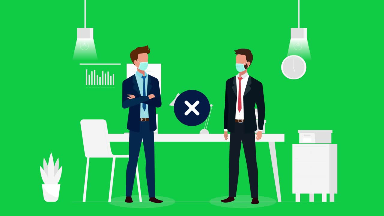 두 명의 백인 만화 남성 캐릭터가 녹색 화면 배경, 희미한 사무실 아이콘, 화면에 표시되는 사회적 거리에 대한 메시지와 함께 이야기합니다.