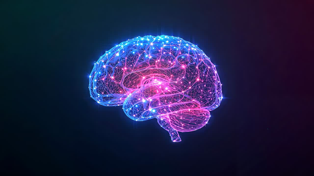 Rotating hologram brain showing signal flow in studio gradient while left flare lighting nodes
