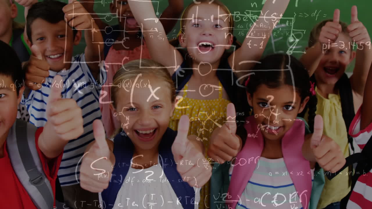 Happy children in the classroom surrounded by animation of mathematics symbols