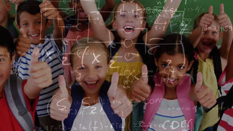 niños felices en el aula rodeados de animación de símbolos matemáticos