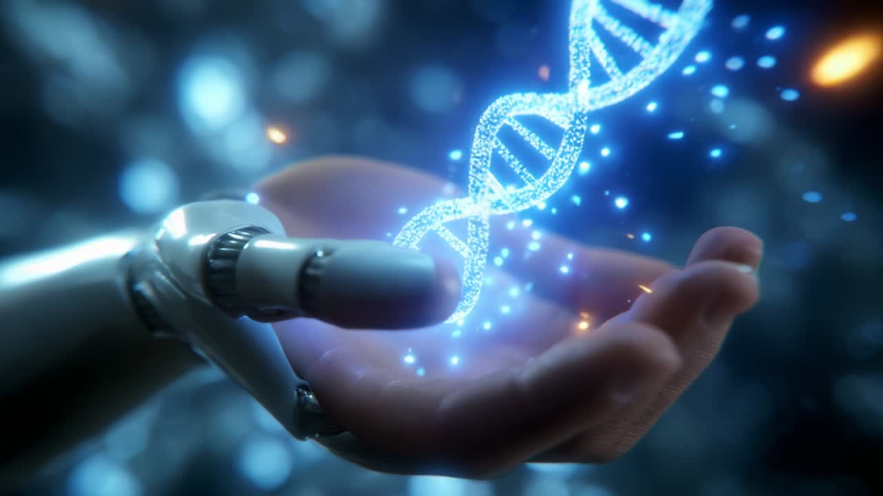 A futuristic representation of a robotic hand gently holding a glowing DNA strand, symbolizing the intersection of technology and biology, and showcasing the potential of genetic innovation and artificial intelligence