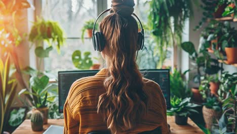 woman with headphones working at home surrounded by plants