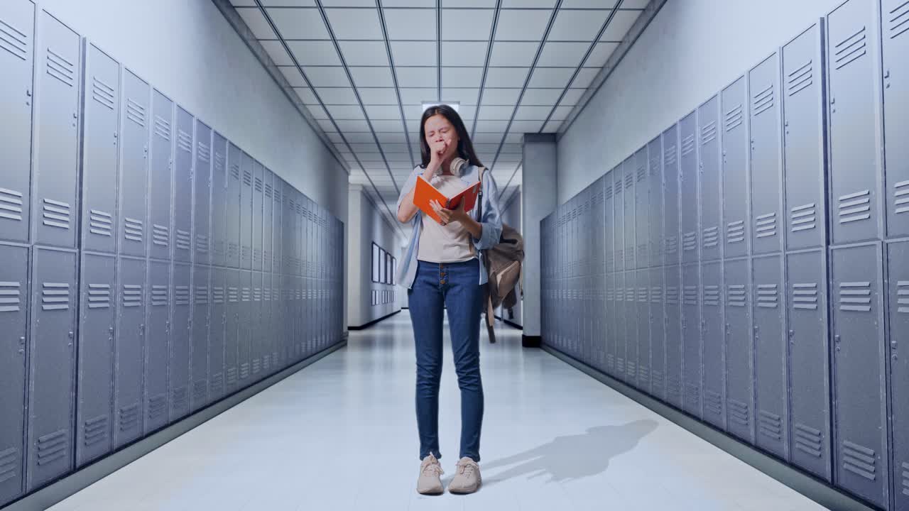 cuerpo lleno de estudiante adolescente asiática con una mochila leyendo un libro y bostezando mientras estaba de pie en el pasillo