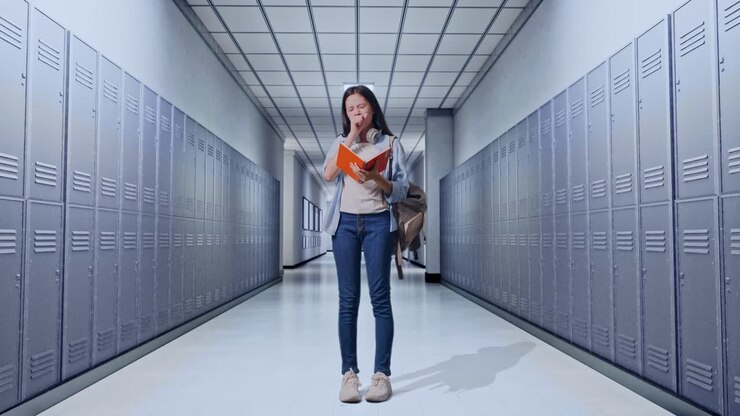 Studentessa adolescente asiatica a figura intera con uno zaino che legge un libro e sbadiglia in piedi nel corridoio