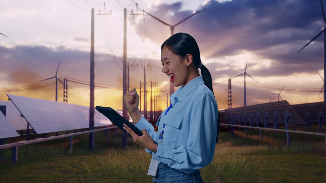 Side View Of Asian Female With Her Tablet With Solar Panel and Wind Turbines, She Raises Her Fist Up With Screaming Goal After Check On The Tablet