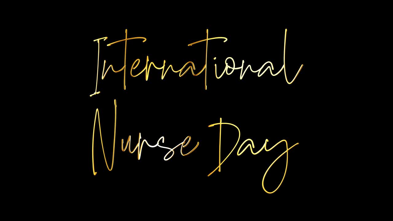 International Nurse Day golden handwriting text with gold light effect loop animation. 4K 3D International Nurse Day isolated gold word using QuickTime Alpha Channel ProRes 4444 effect element.