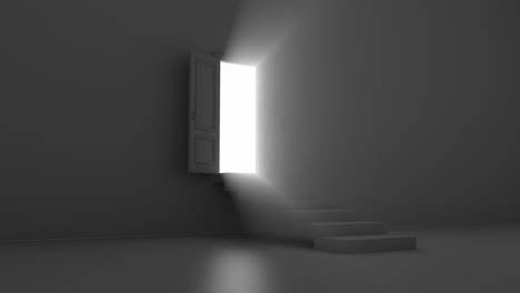shine of an open door with steps in a dark room