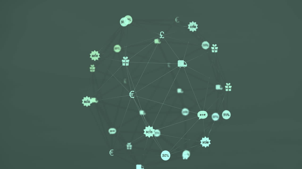 Animation of globe of digital icons spinning against grey background