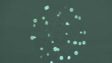animación de un globo de iconos digitales girando contra un fondo gris