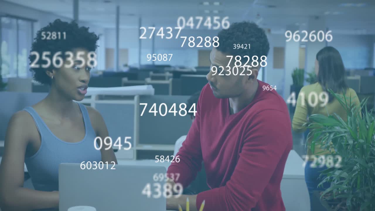 Animation of numbers and data processing over diverse business people in office