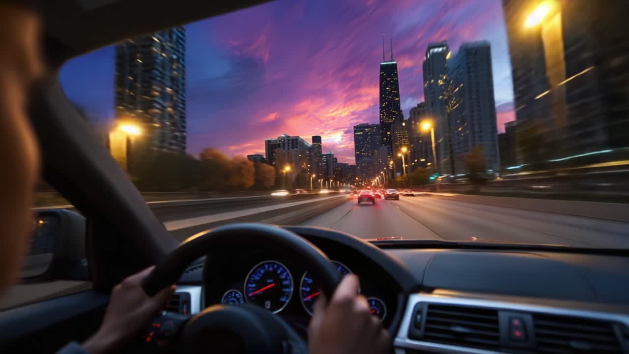 Un suggestivo giro serale in auto attraverso un vivace paesaggio urbano con imponenti grattacieli e un tramonto mozzafiato e colorato sullo sfondo.
