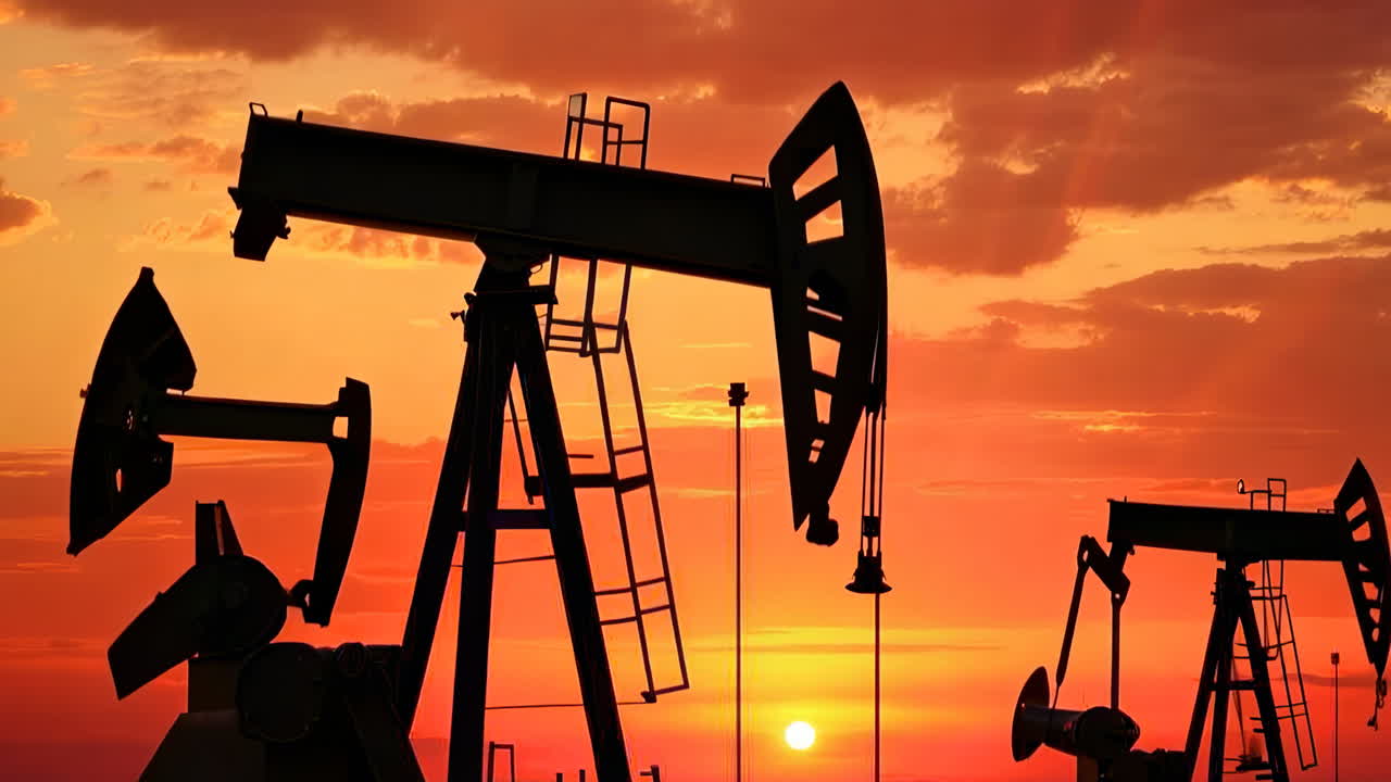 Oil Pumps Operating Against a Sunset Sky in Rural Landscape. Oil pumps work diligently as the sun sets, casting a warm glow over the rural landscape