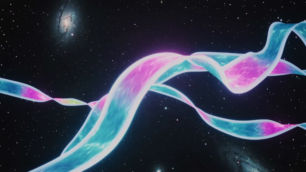 Starting play, translucent ribbons undulating, shifting across space over galaxies to show color