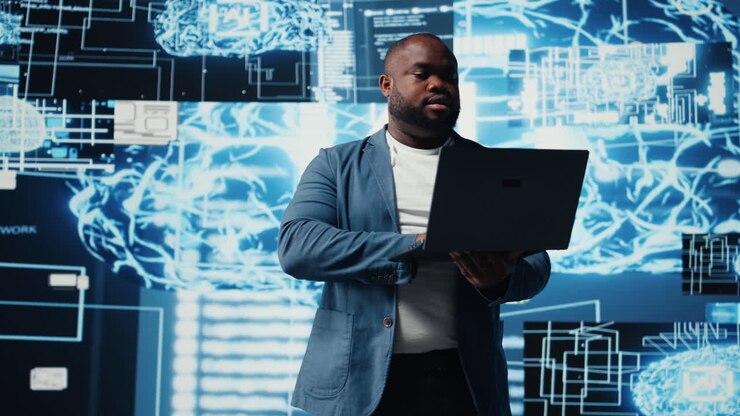 Digital concept of African American engineer exploring artificial intelligence