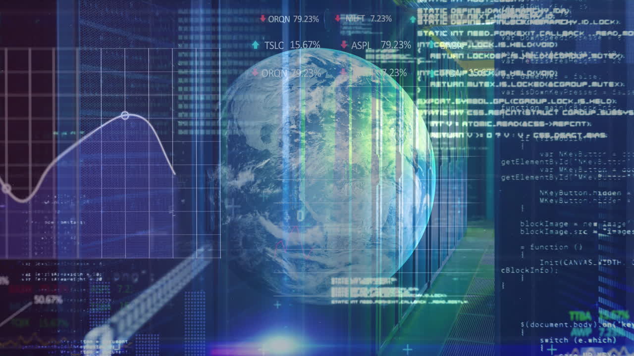 Animation of data processing, binary coding and globe over computer servers