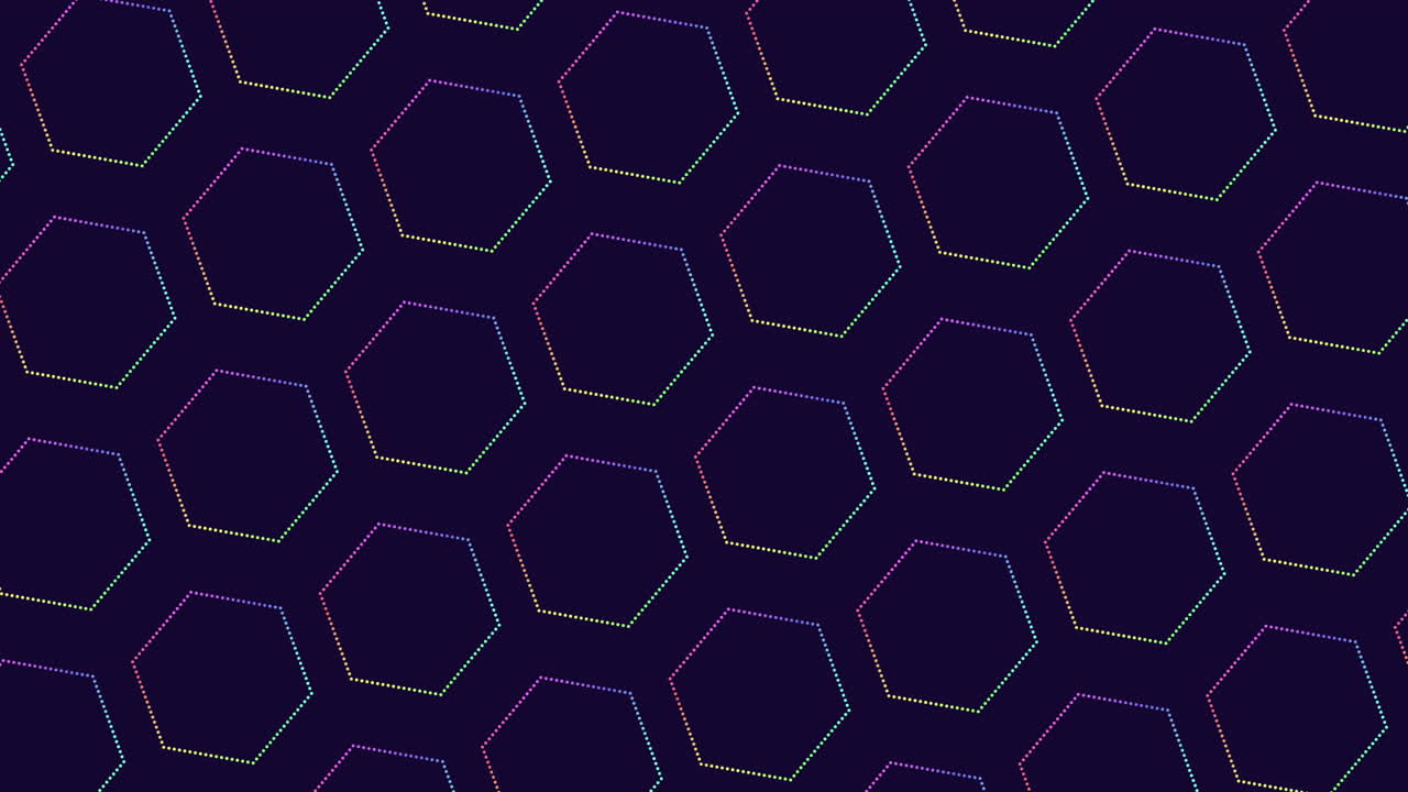 Colorful geometric pattern featuring a hexagonal arrangement of angled lines in shades of blue, purple, and pink. The design is visually striking and repeats to form a larger intricate image