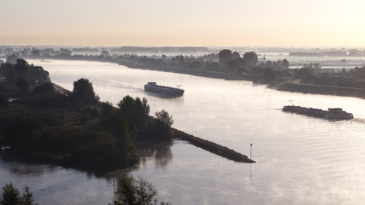 Misty River Sunrise with Barges
