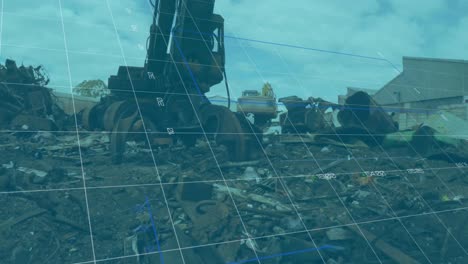 animación de múltiples gráficos en la cuadrícula sobre el compactador y la grúa en el depósito de chatarra.
