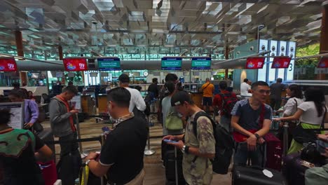 travelers wait in line at a busy check-in area in singapore changi airport