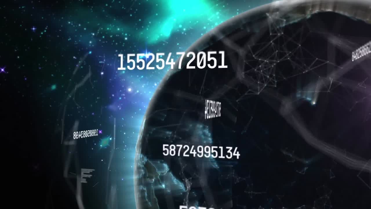 Animation de formes roses et de nombres croissants sur un globe en rotation dans l'espace.