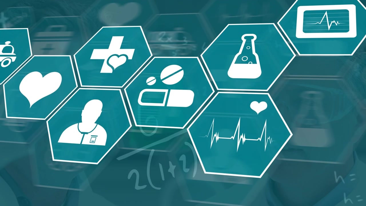 Animación de iconos médicos sobre médicos caucásicos.