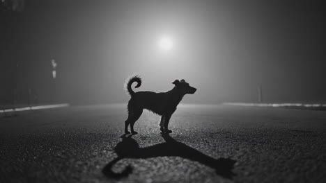 dog silhouette on a foggy road at night