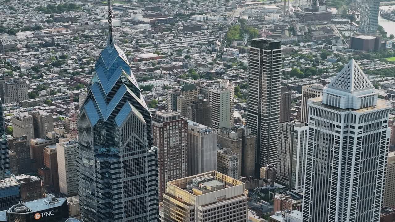 Drone view of Philadelphia showcasing the cityscape and skyline