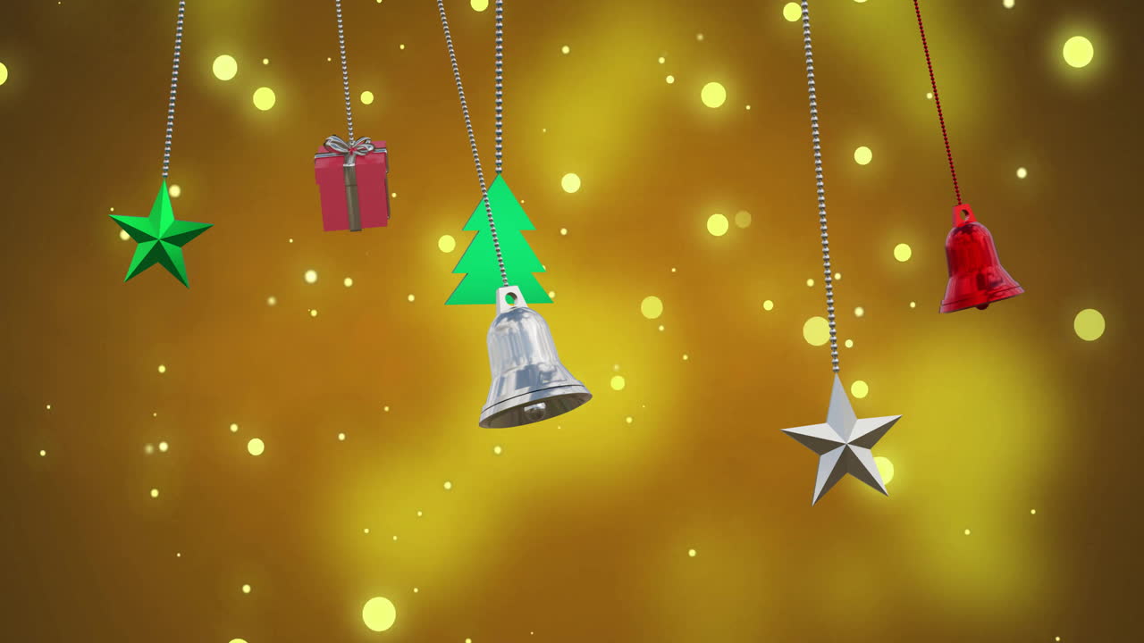 Animation of christmas baubles over light spots on orange background