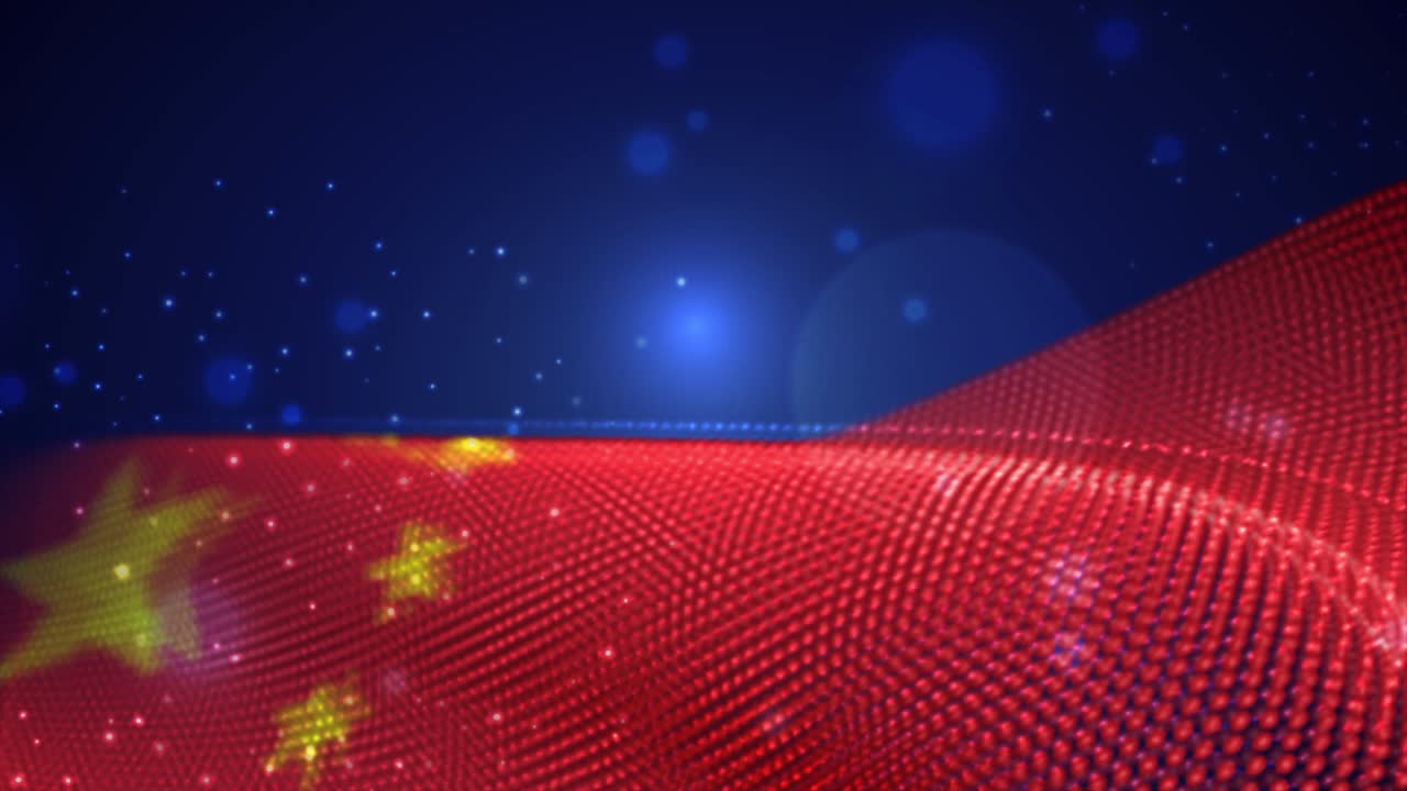 bandera china ondeando sobre un fondo azul con llamaradas brillantes, bucle de movimiento