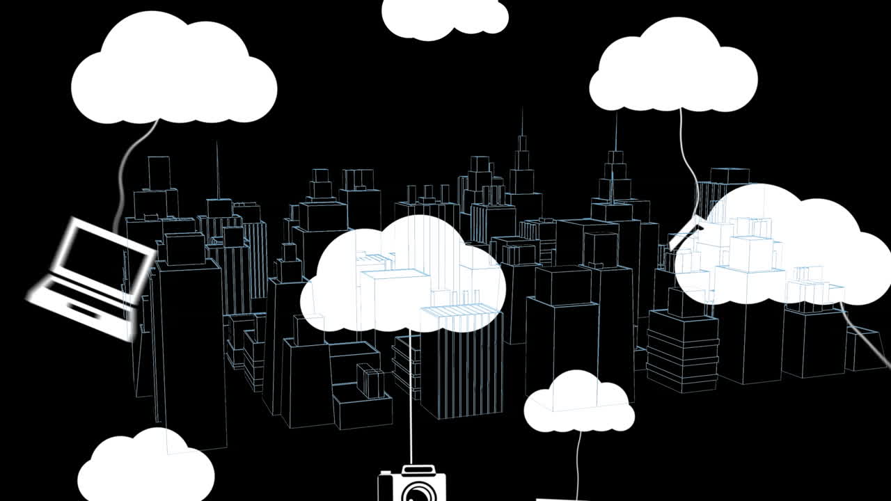 animación de nubes con iconos digitales sobre dibujo de ciudad 3d en fondo negro