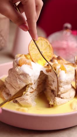 delicious stacked pancakes with orange and custard