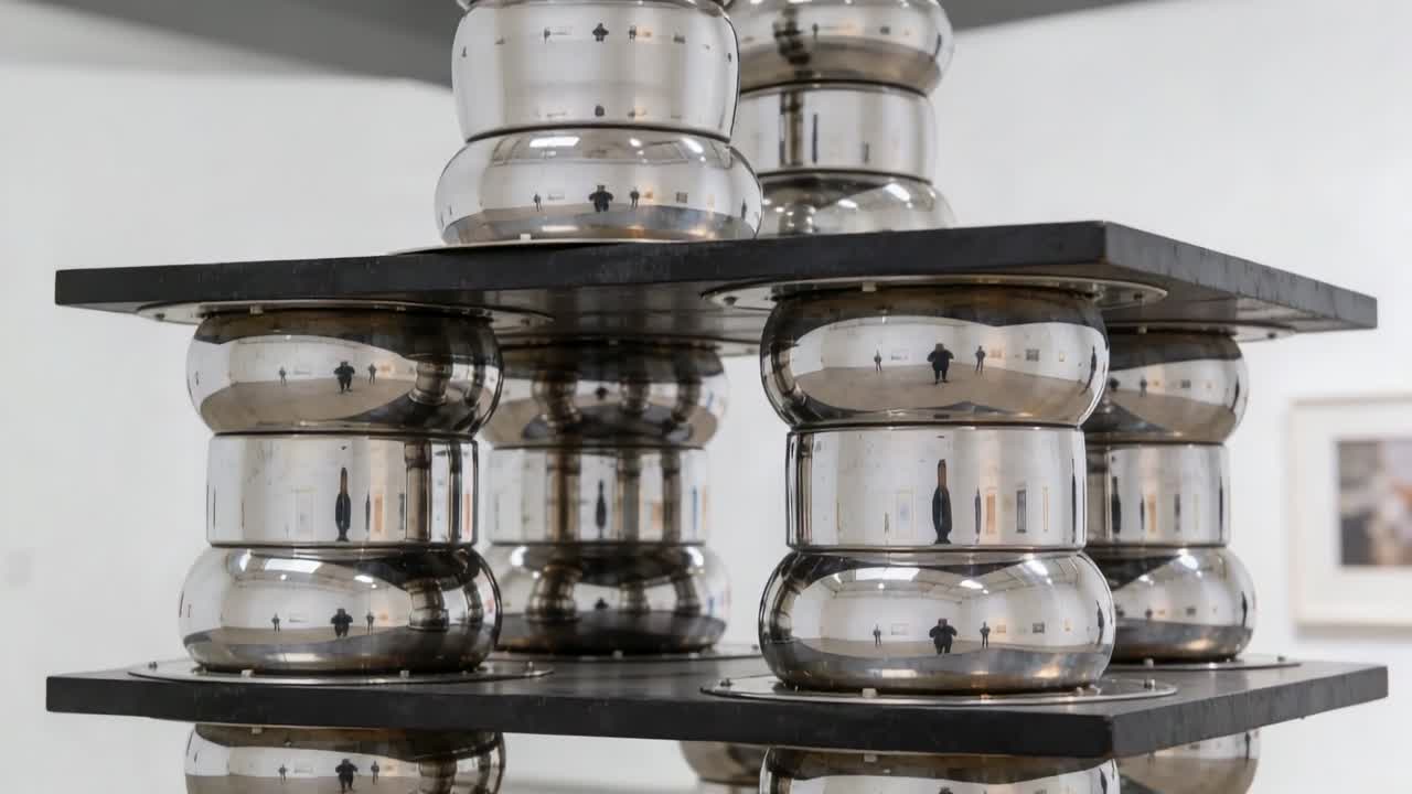 Pulling back camera revealing stacked chrome sculpture at gallery, shifting visitor reflections