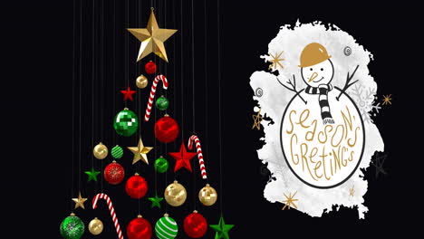 animación de saludos de navidad texto sobre árbol de navidad y decoración.