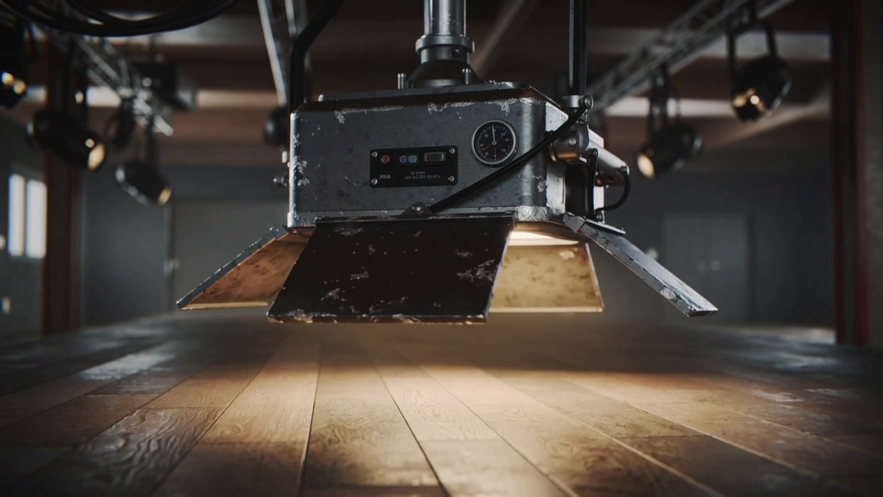 Panel starting studio spotlight, barn doors opening, casting warm light on wood floor for shot