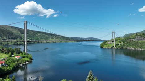 Osteroy-bridge-crossing-Sorfjorden-outside-Bergen-Norway,-Aerial