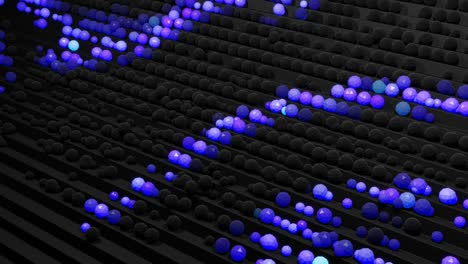 4k abstract looped background with spheres like bulbs or abstract garland. balls or spheres lie on steps. waves of blue purple color and light roll over balls on the steps forming a beautiful pattern